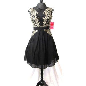 Black Swing Dress Size 4 Vintage Prom OOAK Chiffon Gold Metallic Embroidery NWT